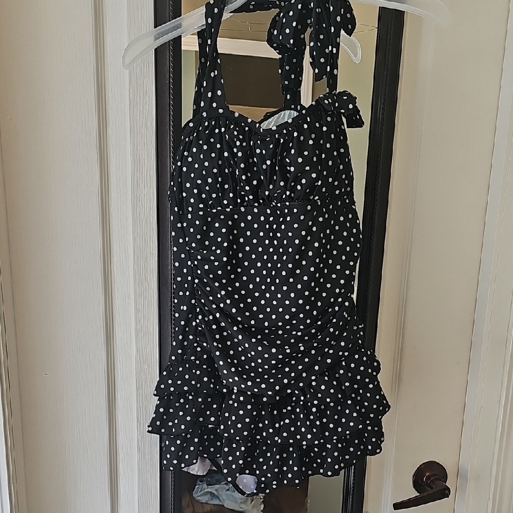 Black Polka Dot Halter Swimdress